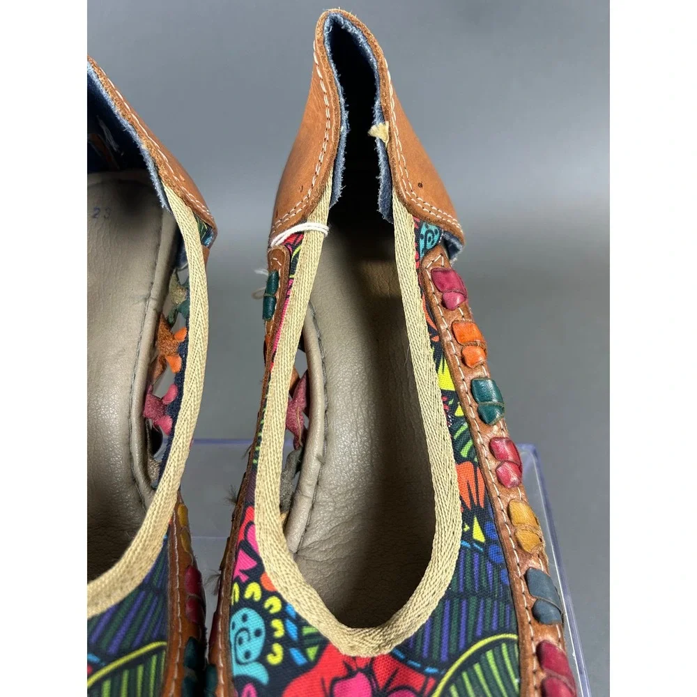 Huarache Wedge Pumps Multi Color Woven Leather Floral Canvas Mexican Boho 23